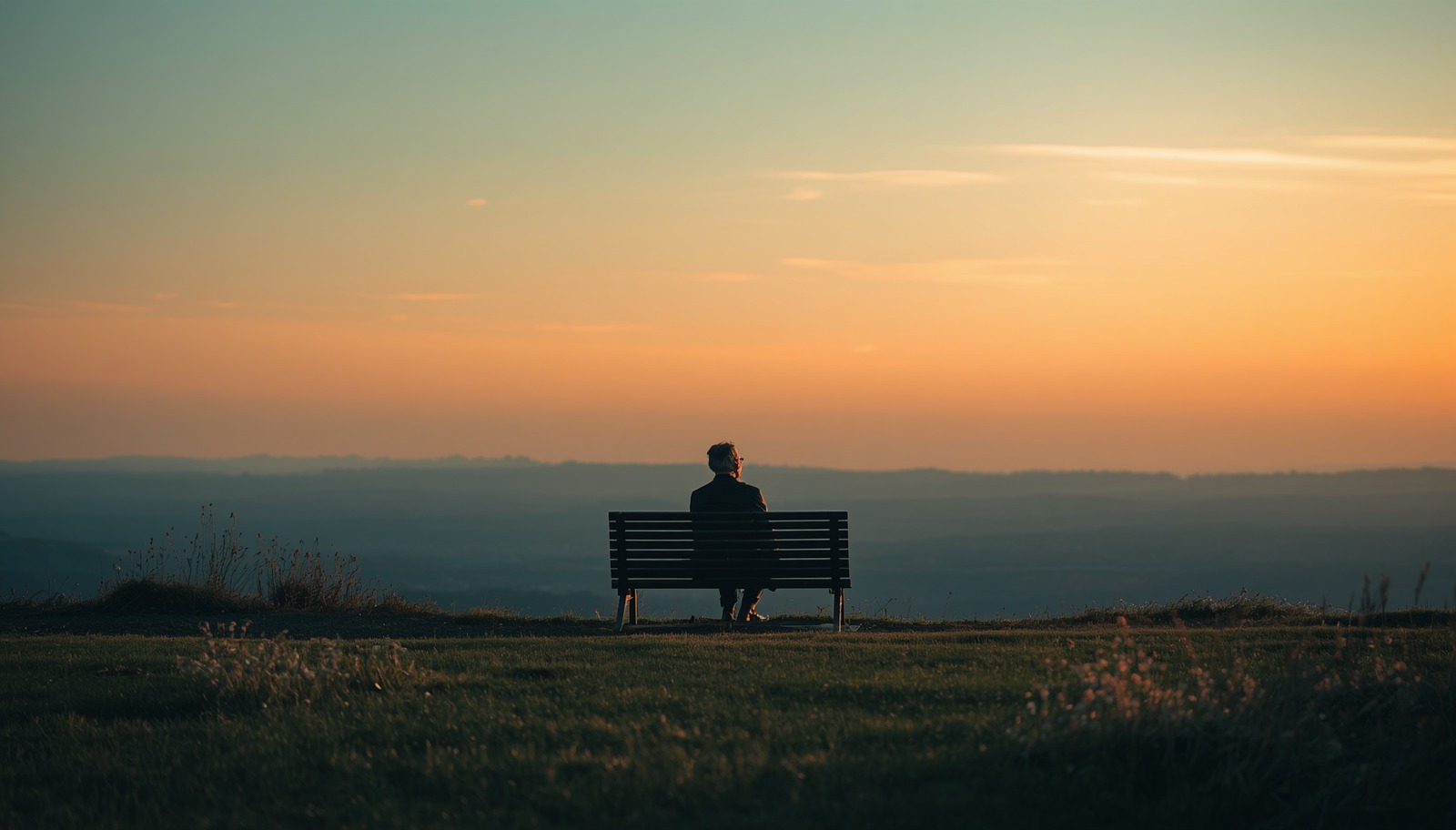 A person sitting quietly on a bench, looking across a peaceful landscape