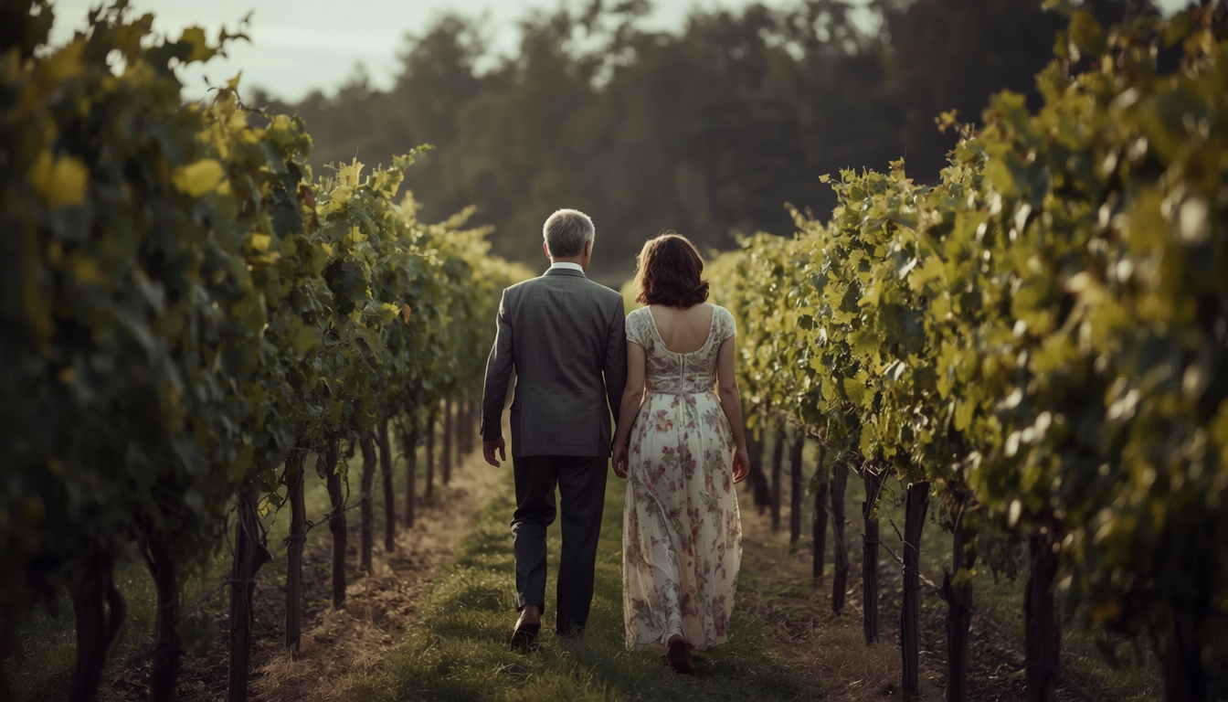 A couple walking together through a sunlit vineyard