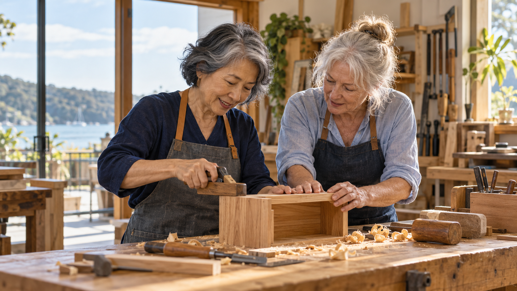 Two older women enjoying learning a new woodworking skill together