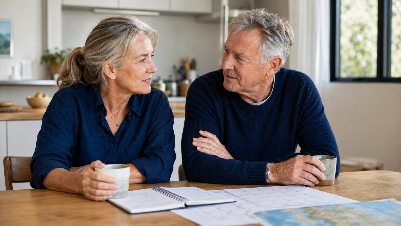 A couple discussing their retirement hopes together at the kitchen table