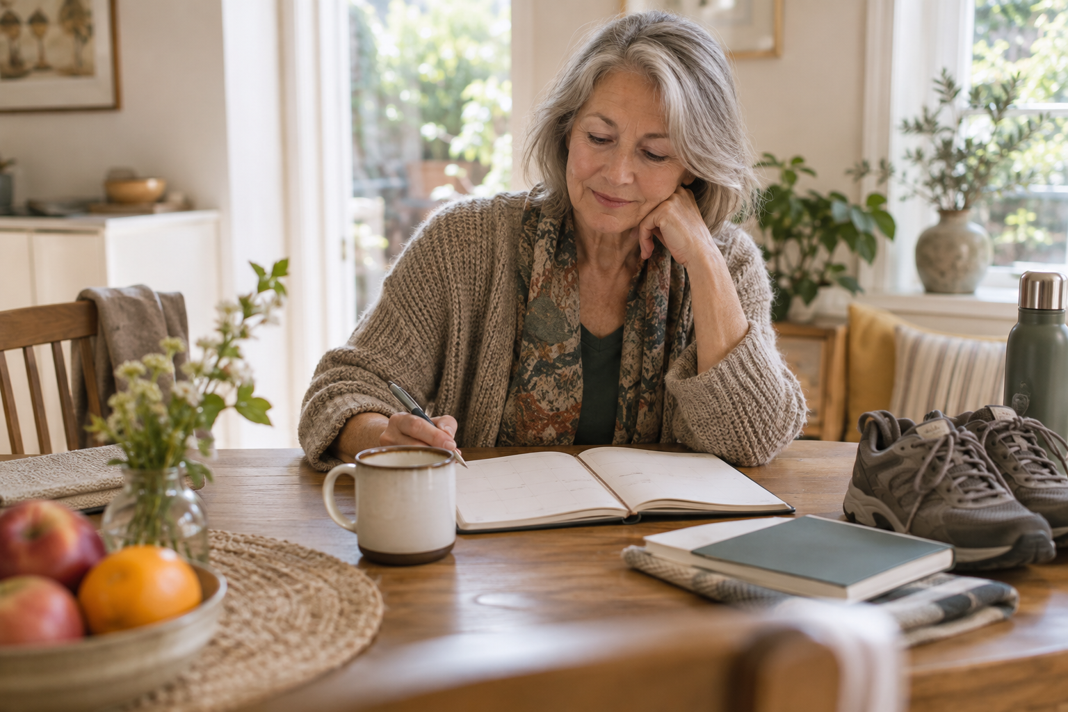 A retired adult thoughtfully shaping an ordinary future week at home