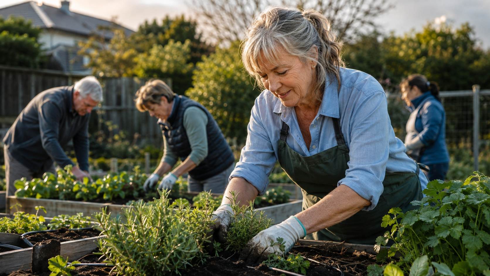 A woman contributing alongside others in a community garden